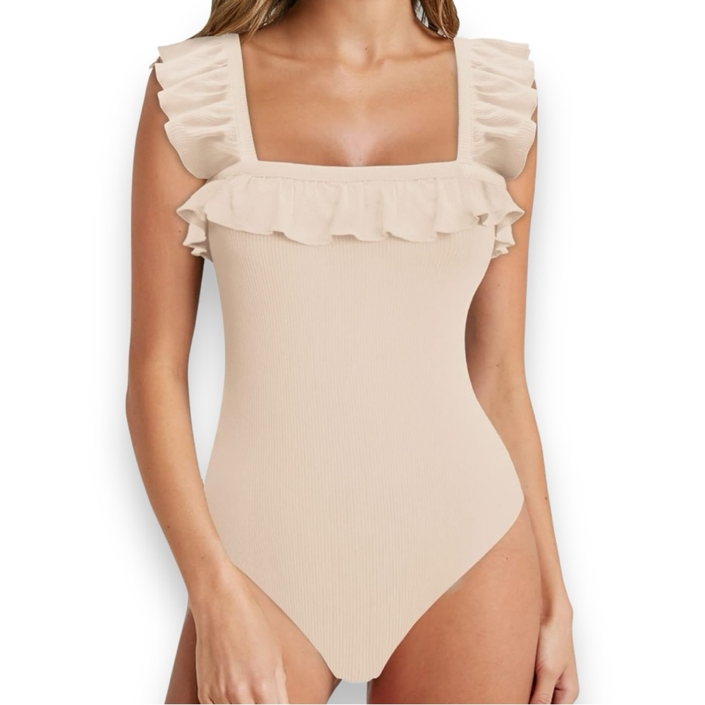 👚2/$10👗3/$12 NWT Ruffle Sleeve Bodysuit Square Off Shoulder Nude Jumpsuit XXL
